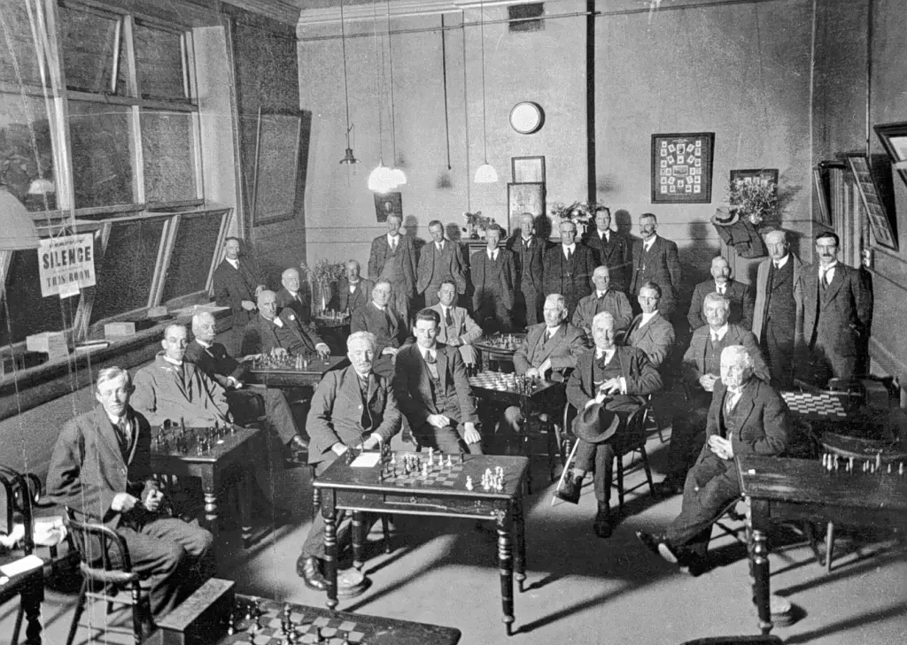Vintage photo of men's chess club gathering